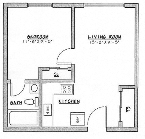 Floor plan for 1 bed, 1 bath, 450 sqft